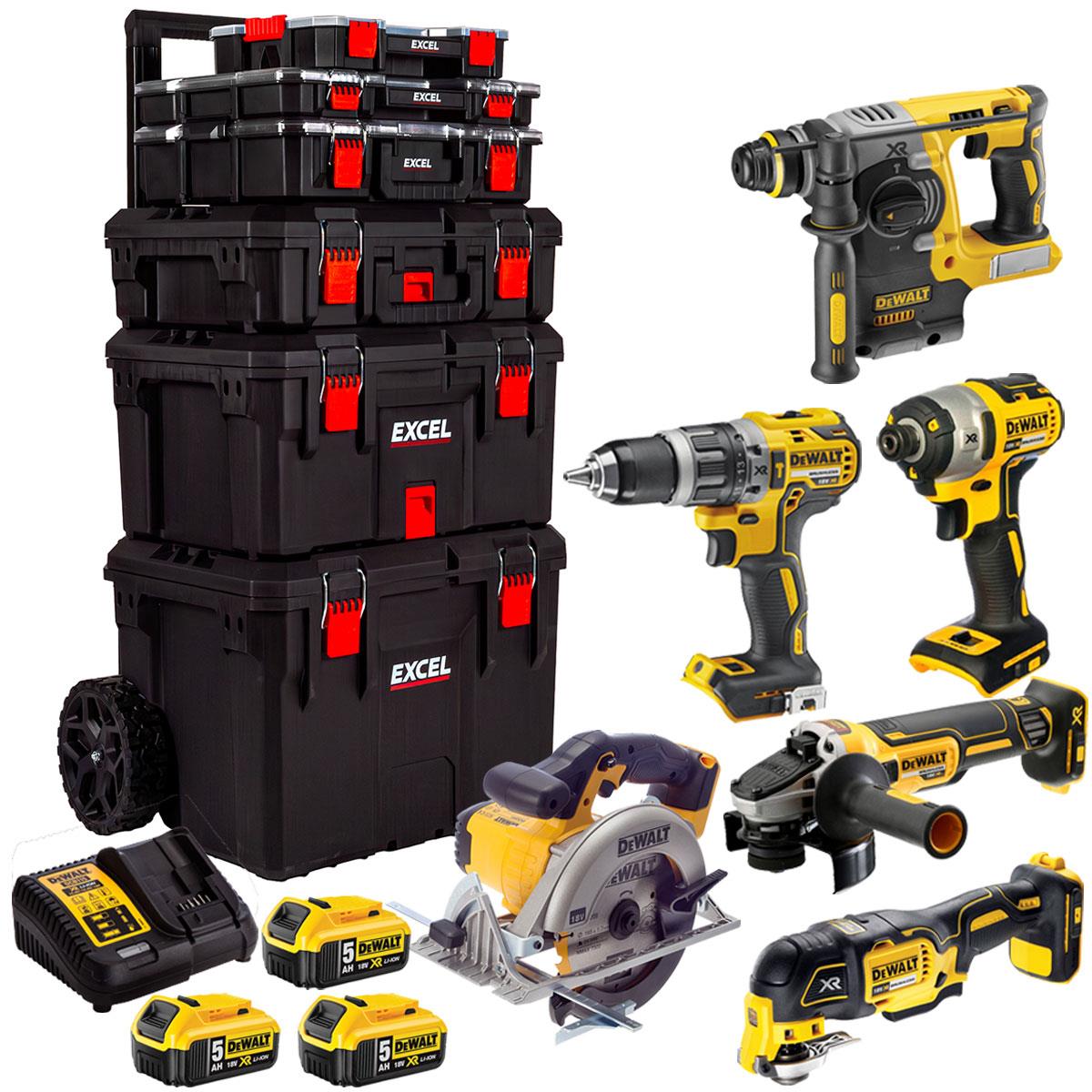 Dewalt 18V 6 Piece Power Tool Kit with 3 x 5.0Ah Battery & Trolley Toolbox