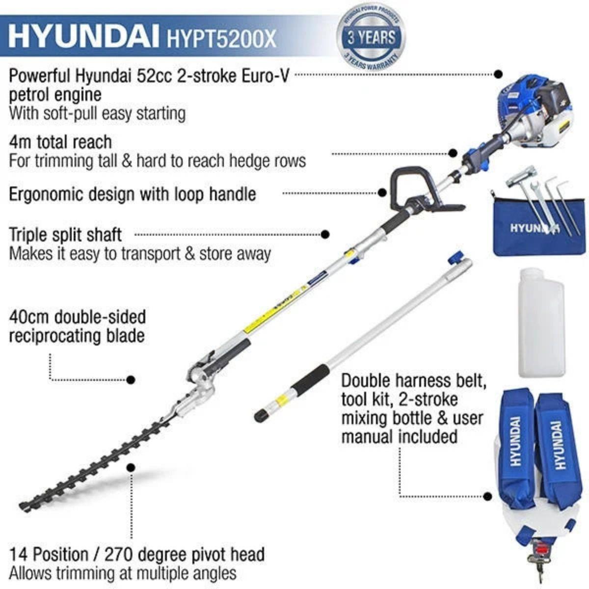 Hyundai HYPT5200X 52cc 425mm Long Reach Petrol Pole Hedge Trimmer Pruner 2-Stroke