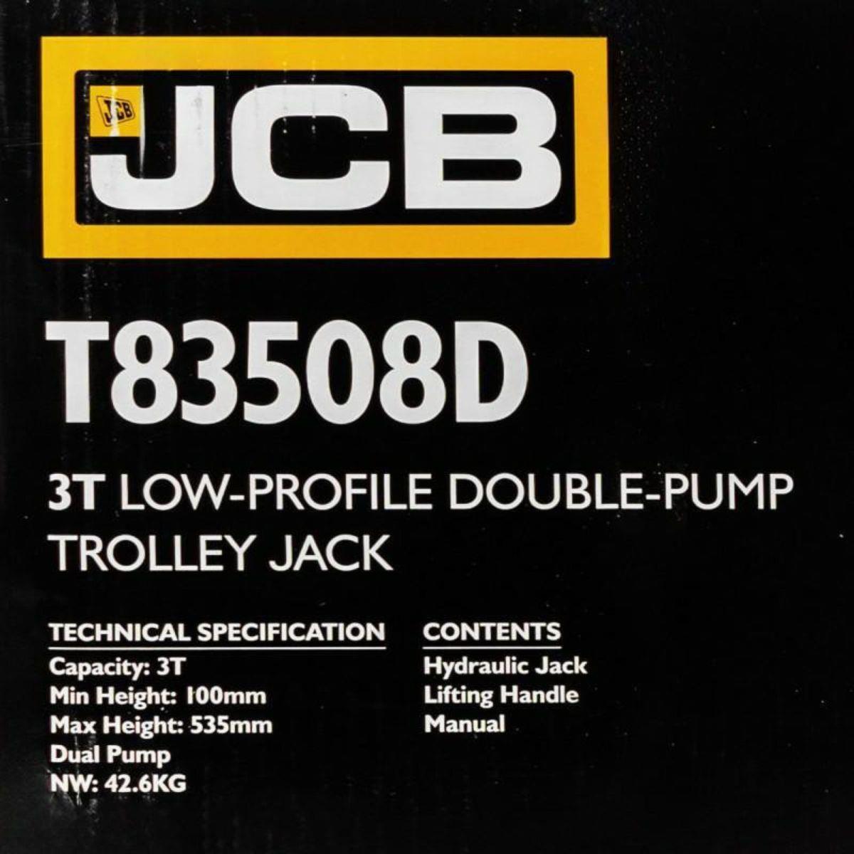 JCB-T83508D 3 Tonne Hydraulic Trolley Jack low-Profile 98-535mm Lift Double Pump