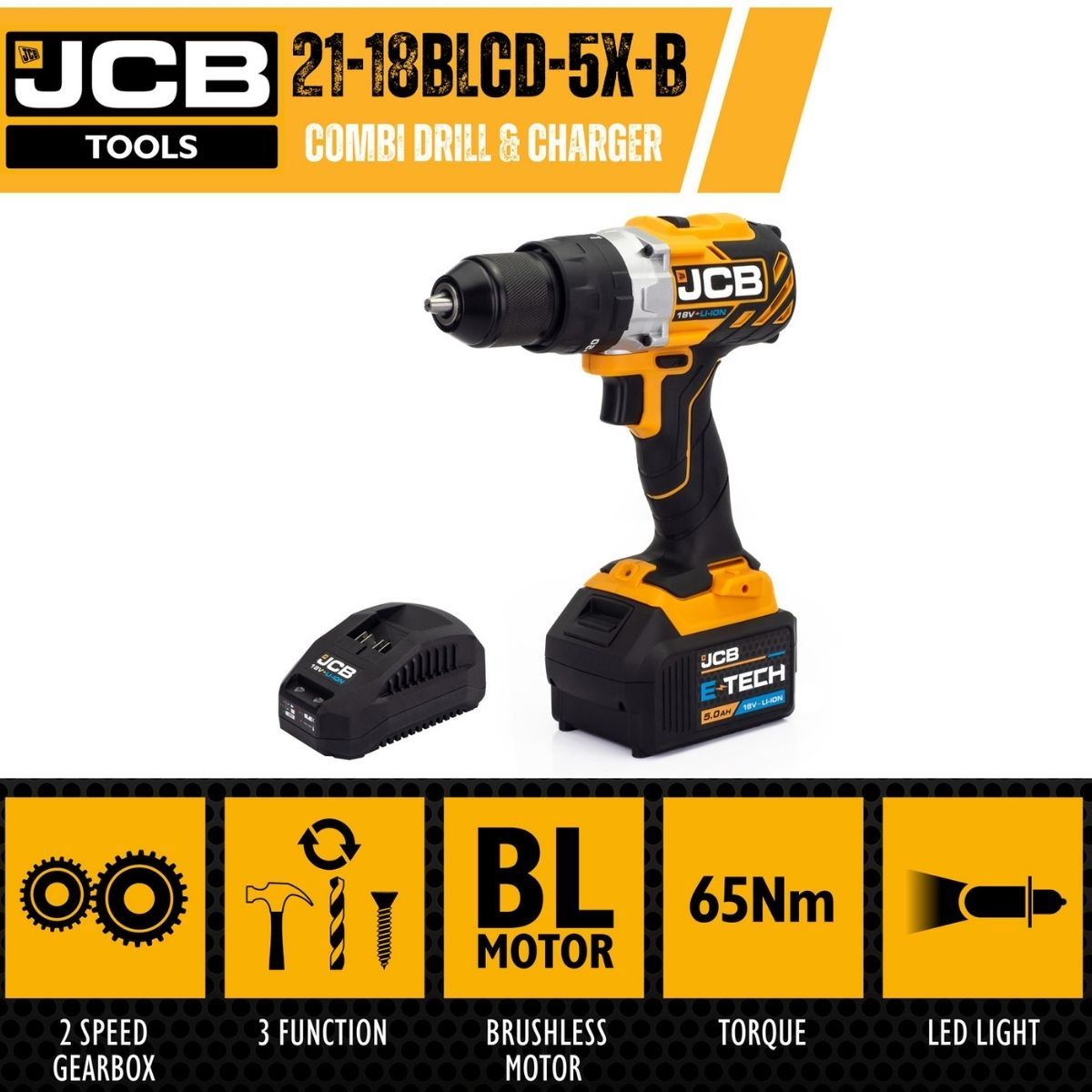 JCB 18BLCD-5X-B 18V Brushless Variable Speed Combi Drill with 1 x 5.0ah battery and 2.4A charger