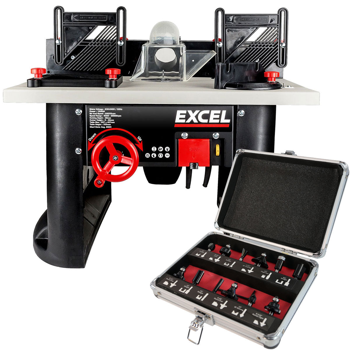 Excel Table Router Cutter 240V/1500W Black with 1/4in Shank TCT Router Cutter Bit 12 Piece Set