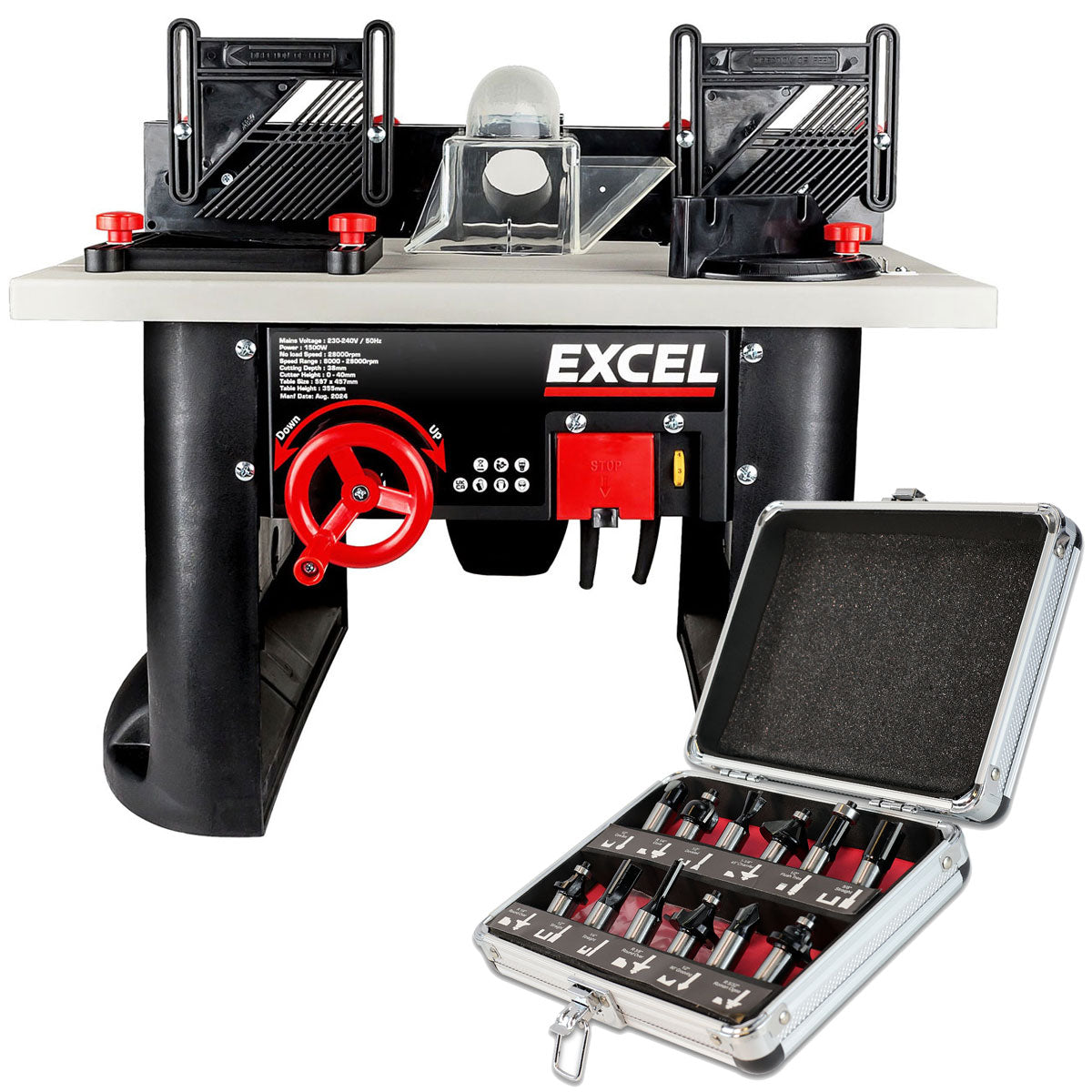 Excel Table Router Cutter 240V/1500W Black with 1/2in Shank TCT Router Cutter Bit 12 Piece Set