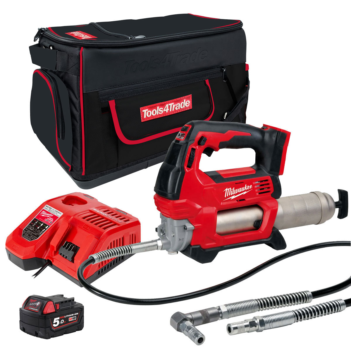 Milwaukee M18GG-0 18V Cordless Grease Gun with 1 x 5.0Ah Battery Charger & Bag