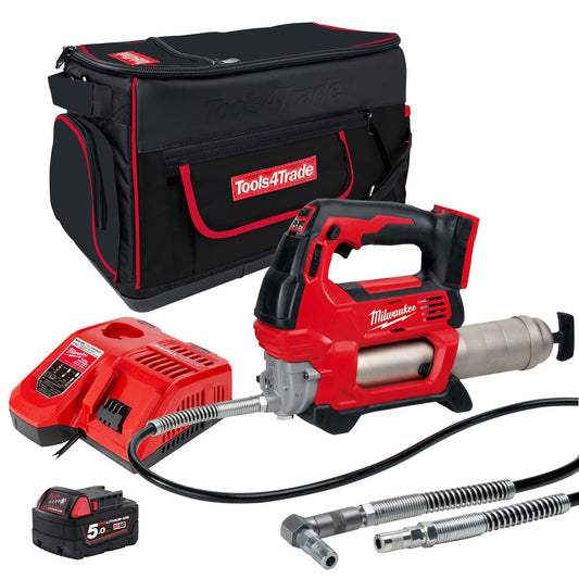 Milwaukee M18GG-0 18V Cordless Grease Gun with 1 x 5.0Ah Battery Charger & Bag