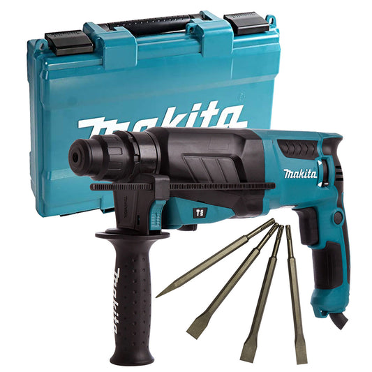 Makita HR2630/2 3 Mode SDS+ Rotary Hammer Drill 240V With 4 Piece Chisel Set