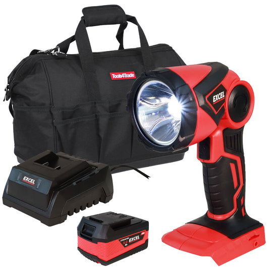 Excel 18V Cordless LED Flashlight Torch with 1 x 5.0Ah Battery Charger & 18" Bag