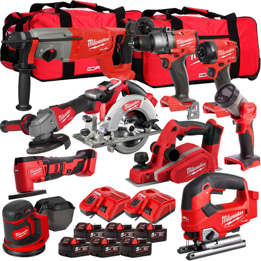Milwaukee 18V Cordless 10 Piece Tool Kit with 6 x 5.0Ah Batteries & Charger in Bag T4TKIT-505