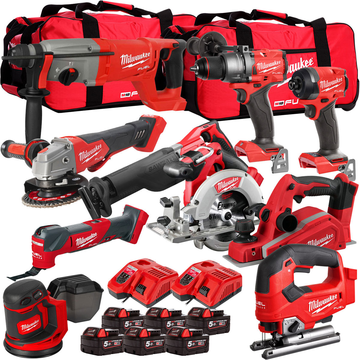 Milwaukee 18V Cordless 10 Piece Tool Kit with 6 x 5.0Ah Batteries & Charger in Bag T4TKIT-509