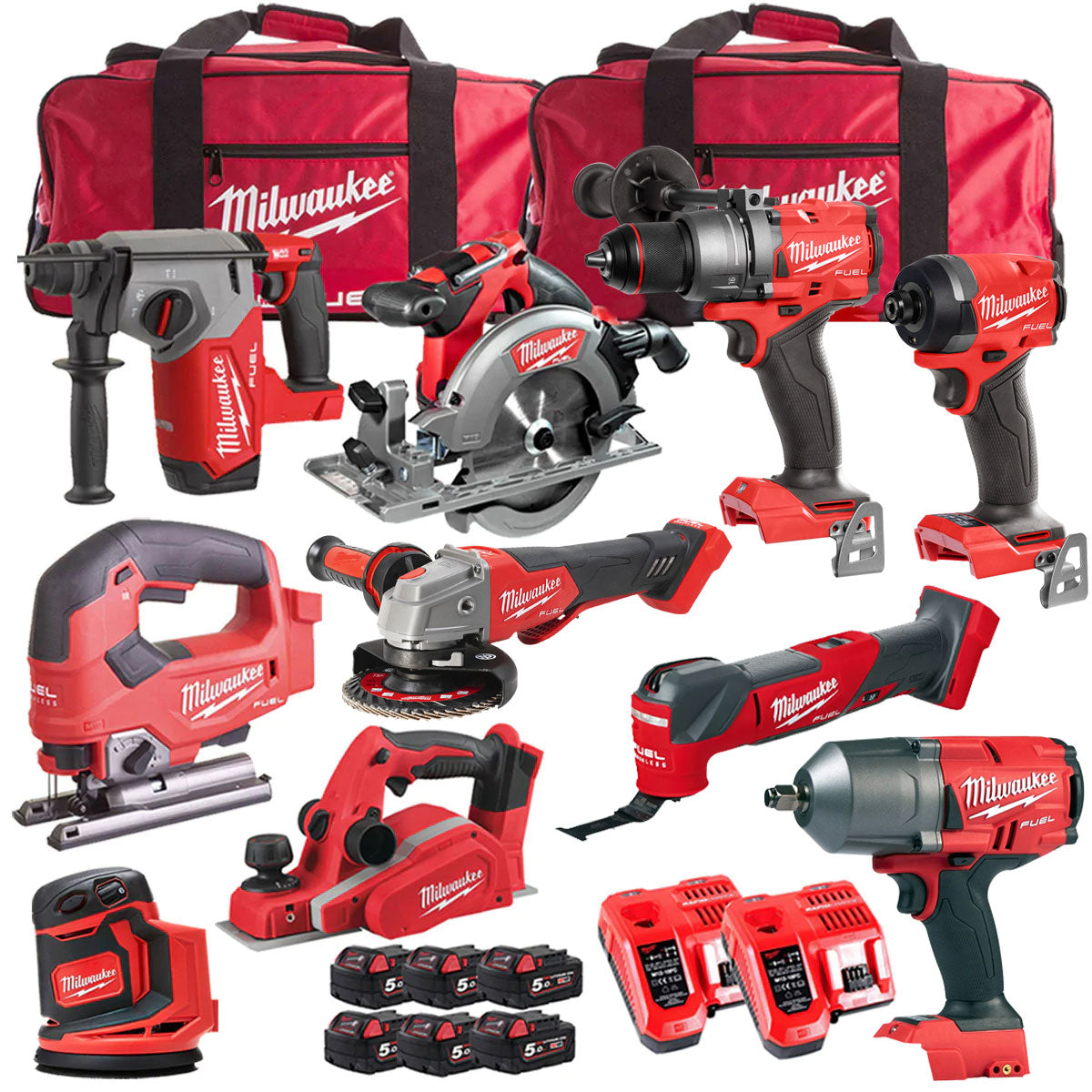Milwaukee 18V Cordless 10 Piece Tool Kit with 6 x 5.0Ah Batteries & Charger in Bag T4TKIT-510