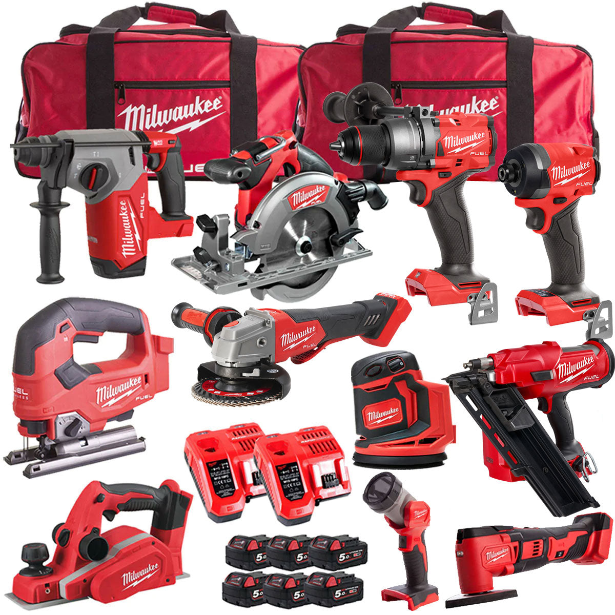 Milwaukee 18V Cordless 11 Piece Tool Kit with 6 x 5.0Ah Batteries & Charger in Bag T4TKIT-511