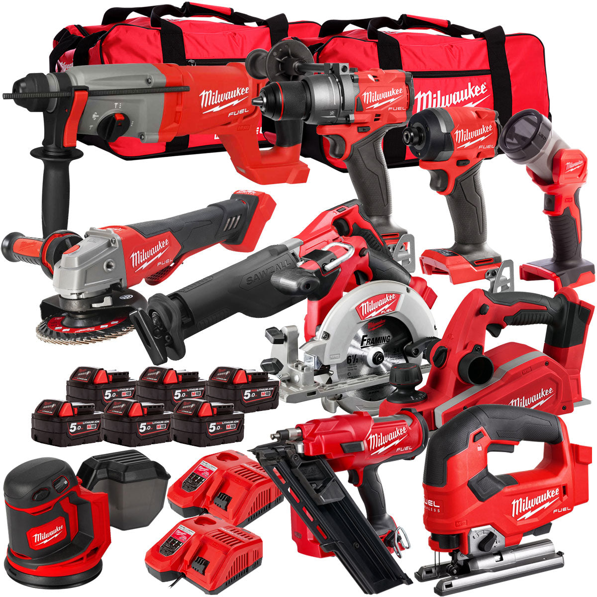 Milwaukee 18V Cordless 11 Piece Tool Kit with 6 x 5.0Ah Batteries & Charger in Bag T4TKIT-515