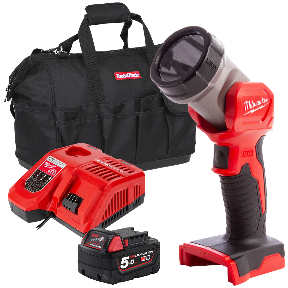 Milwaukee M18TLED-0 M18 18V LED Work Light Torch with 1 x 5.0Ah Battery Charger & Bag