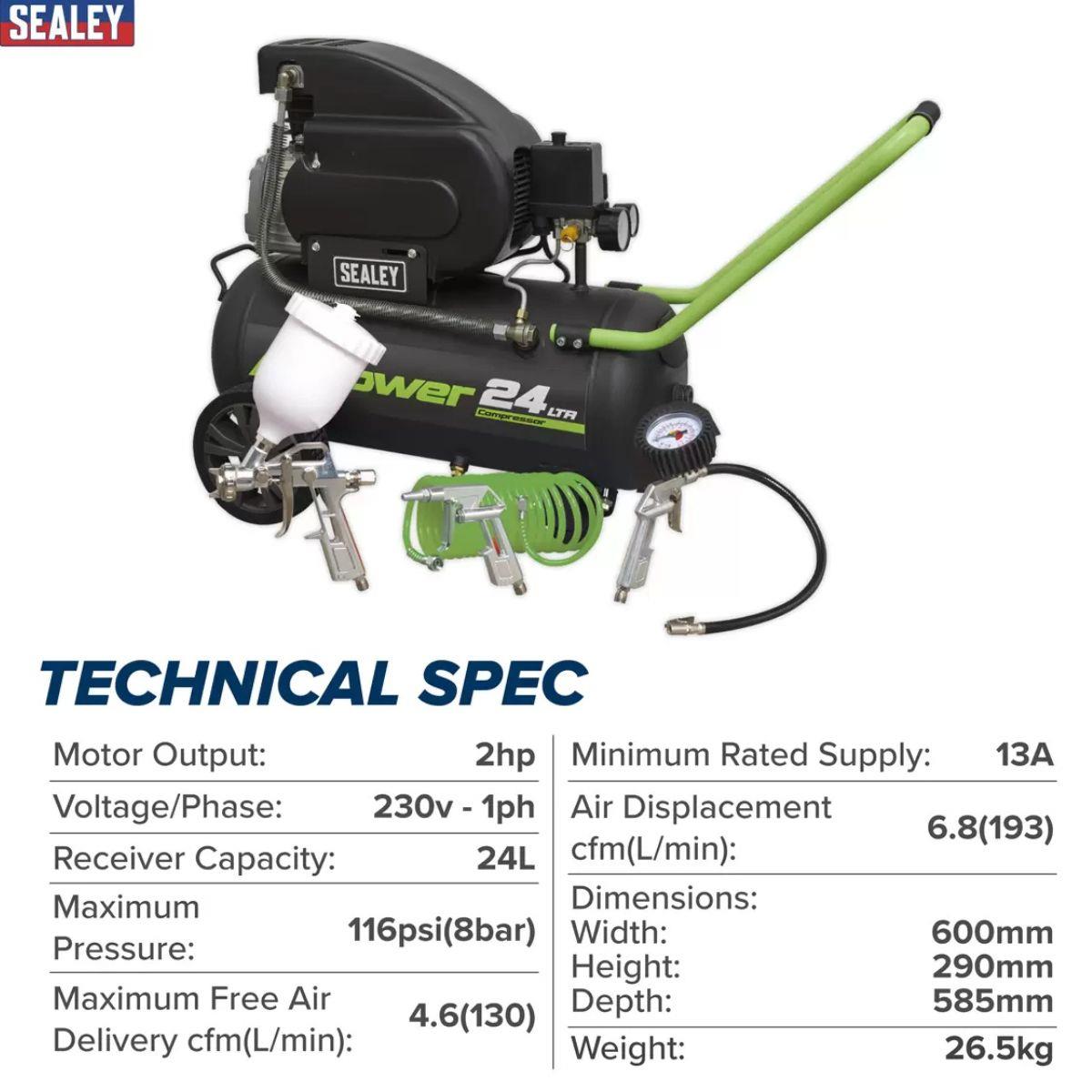 Sealey SAC2420EPK 24L Direct Drive Air Compressor with 4pc Air Accessory Kit 230V