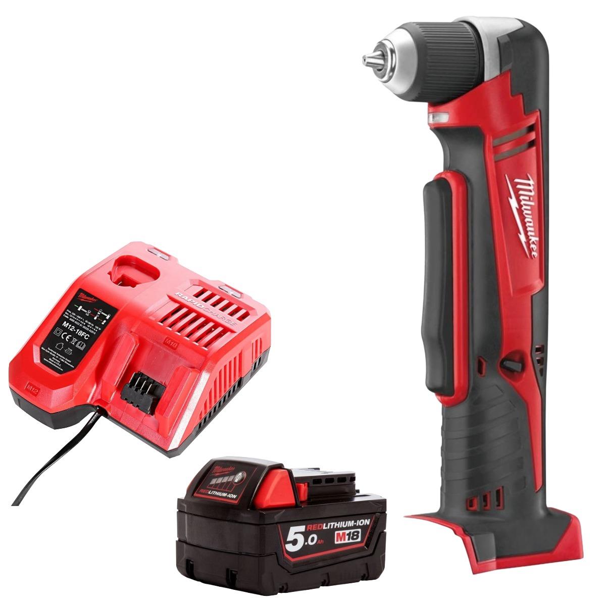 Milwaukee M18C18RAD-0 18V Compact Right Angle Drill with 1 x 5.0Ah Battery & Charger