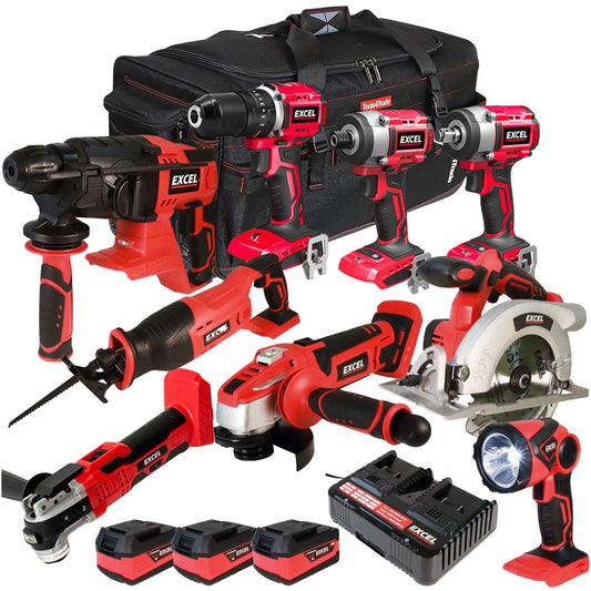 Excel 18V 9 Piece Power Tool Kit with 3 x 5.0Ah Batteries & Charger EXL8994