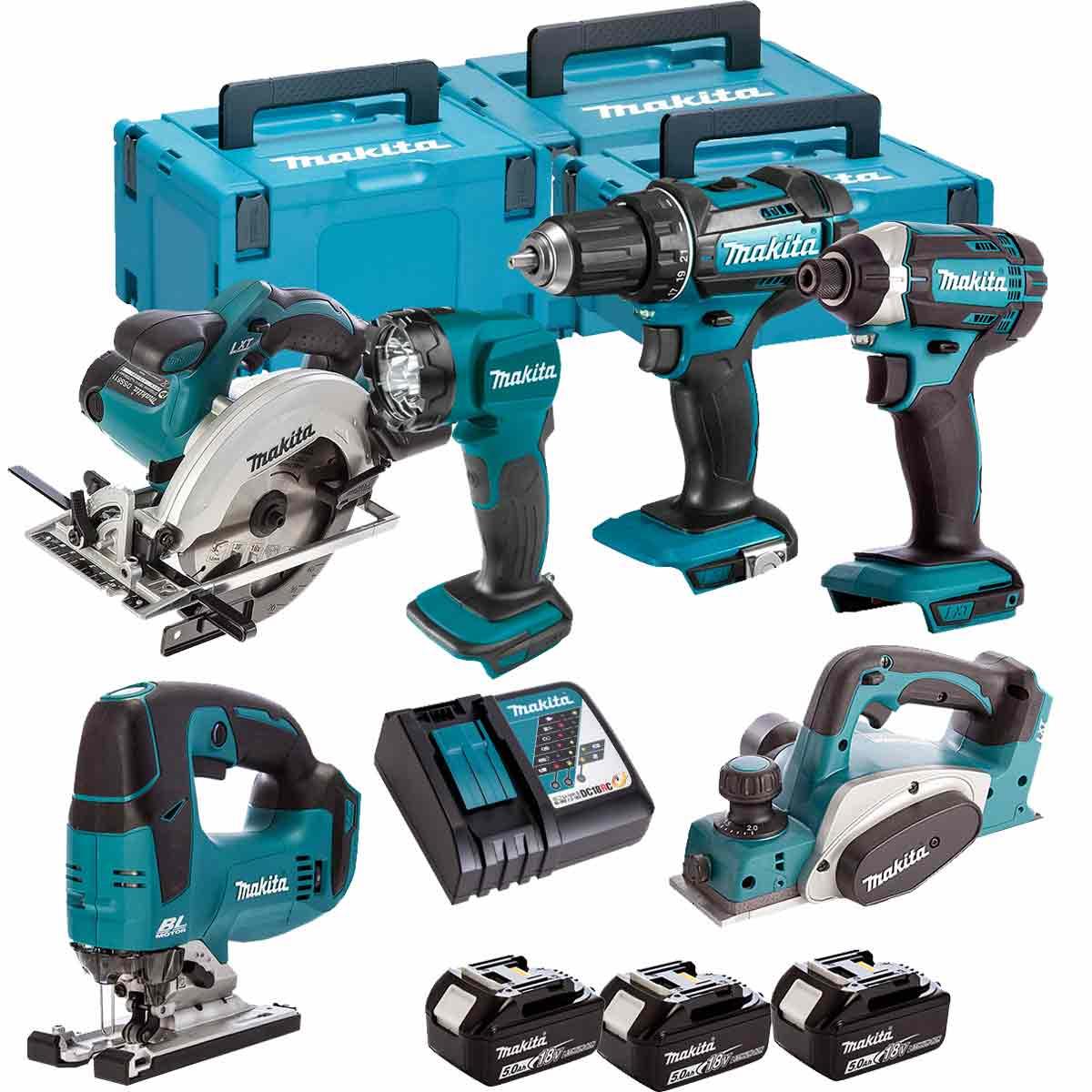 Makita 6 Piece Kit 18V Li-ion With 3 x 5.0Ah Batteries Charger T4TKIT-106