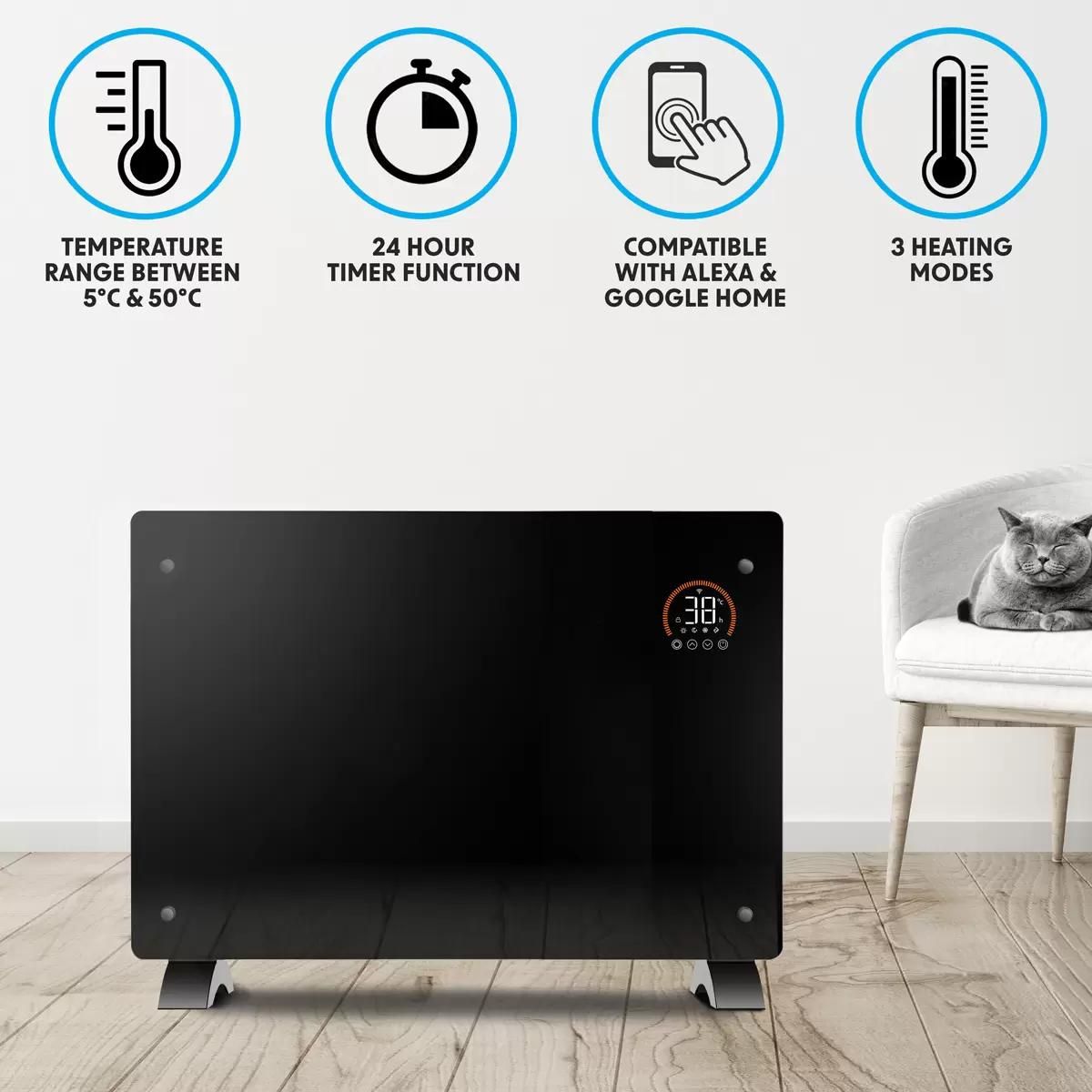 Baridi DH139 Electric Glass Panel Heater Black Remote Control & Wi-Fi 2000W