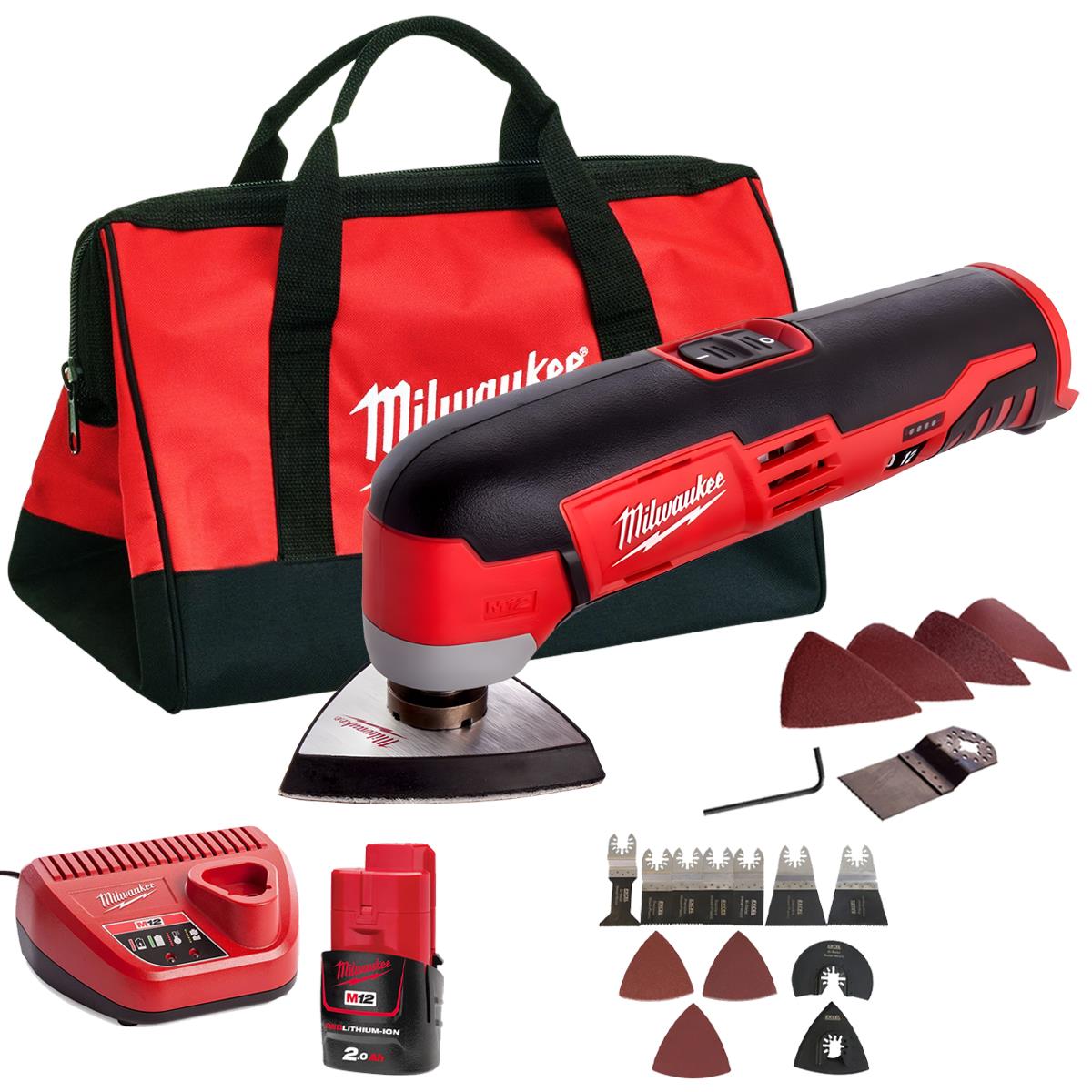 Milwaukee M12C12MT-0 M12 12V Sub Compact Multi-Tool With 1 x 2.0Ah Battery Charger Bag & 39 pieces Accessories Set
