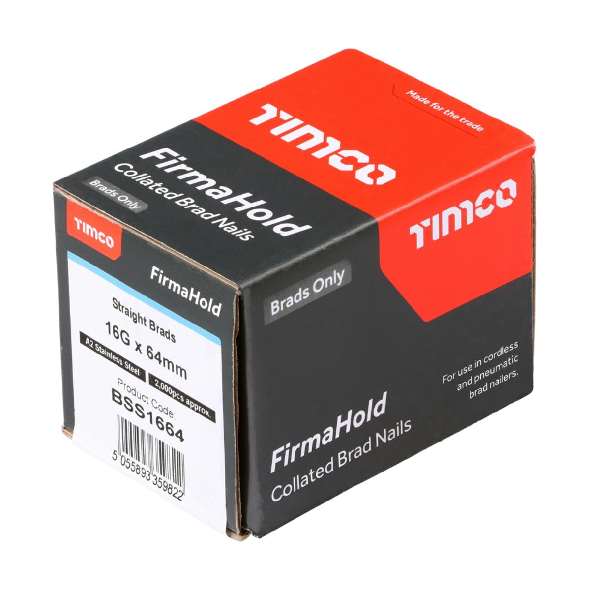 FirmaHold 64mm A2 Stainless Steel 16 Gauge 2000 Straight Collated Brad Nails BSS1664
