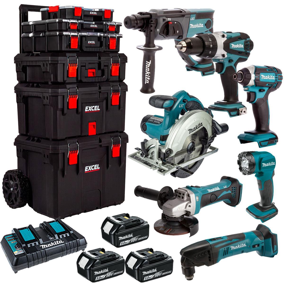 Makita 18V 7 Piece Power Tool Kit with 3 x 5.0Ah Battery & Trolley Toolbox