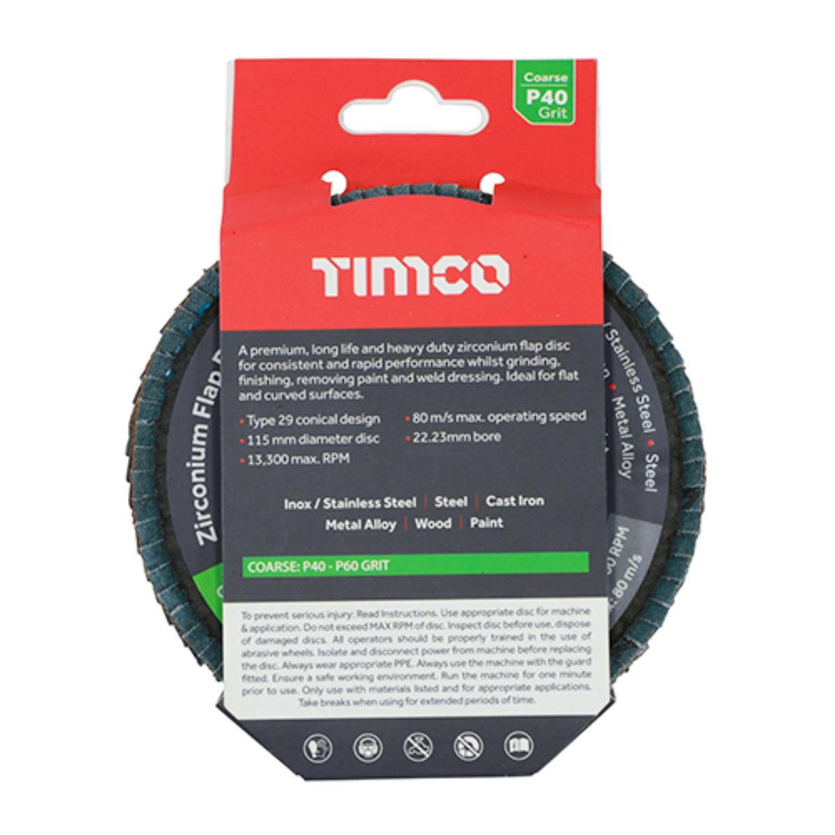 Timco 115mm Heavy Duty Zirconium Flap Disc P40 Grit - 231020
