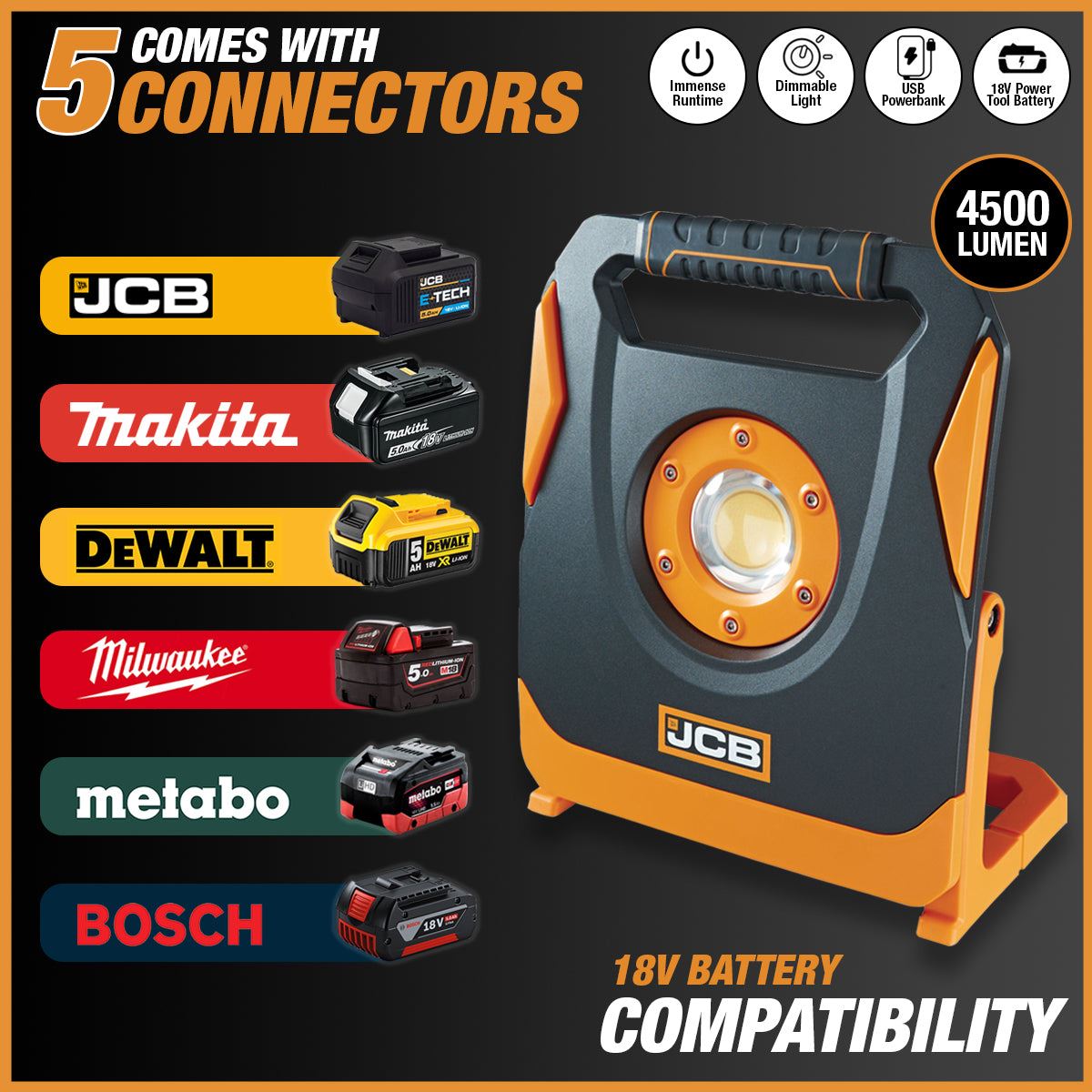 JCB Konnect Work Light 4500 Lumen with 5 connectors JCB-SL-KONNECT45