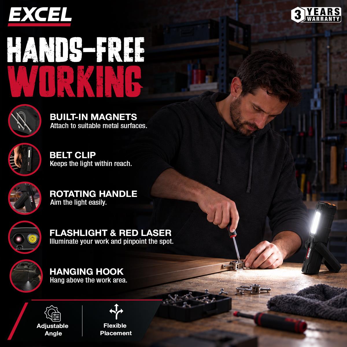 Excel 600 Lumens LED Rechargeable Magnetic Handheld Work Light with Red Laser