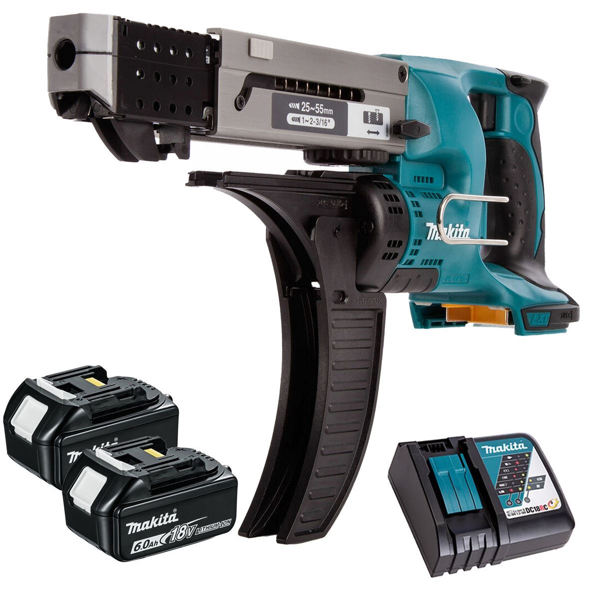 Makita DFR550Z 18V Auto Feed Screwdriver with 2 x 6.0Ah Battery & Charger