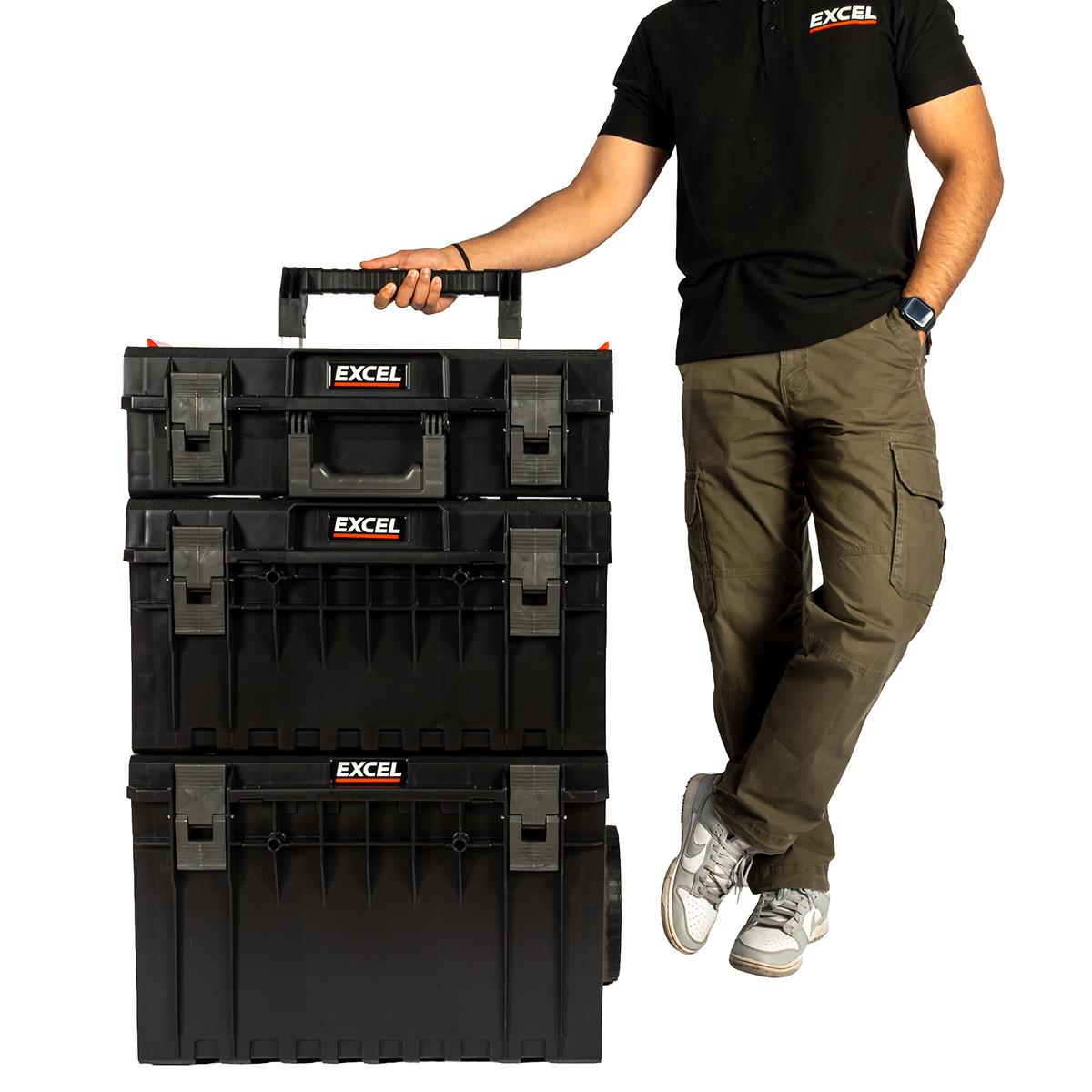 Excel Modular Stackable Tool Box Heavy Duty Mobile Storage 3 Piece Set with Wheels