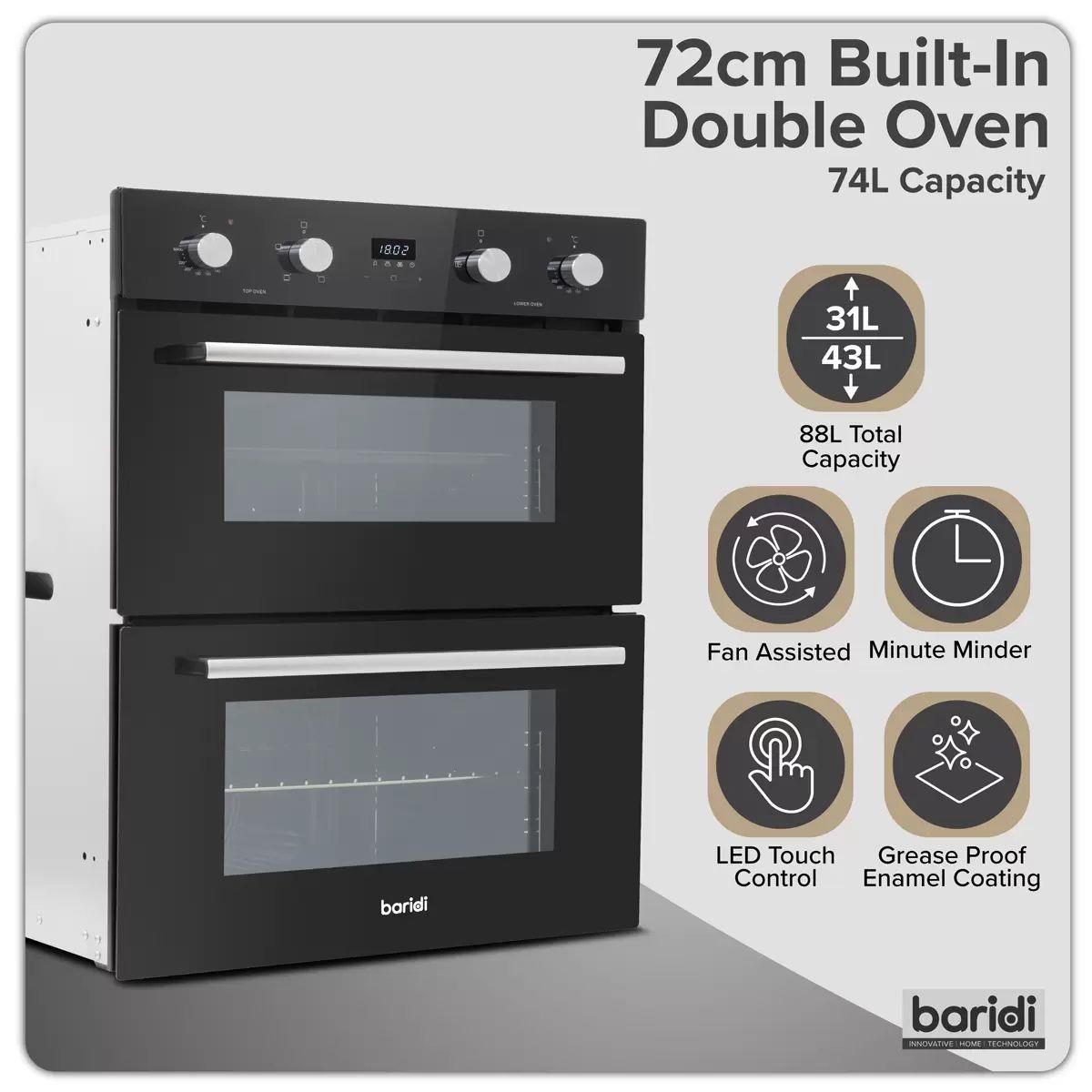 Sealey DH278 Baridi 72cm Built-Under Double Oven, 74L Capacity, Energy Rating A Black 240V
