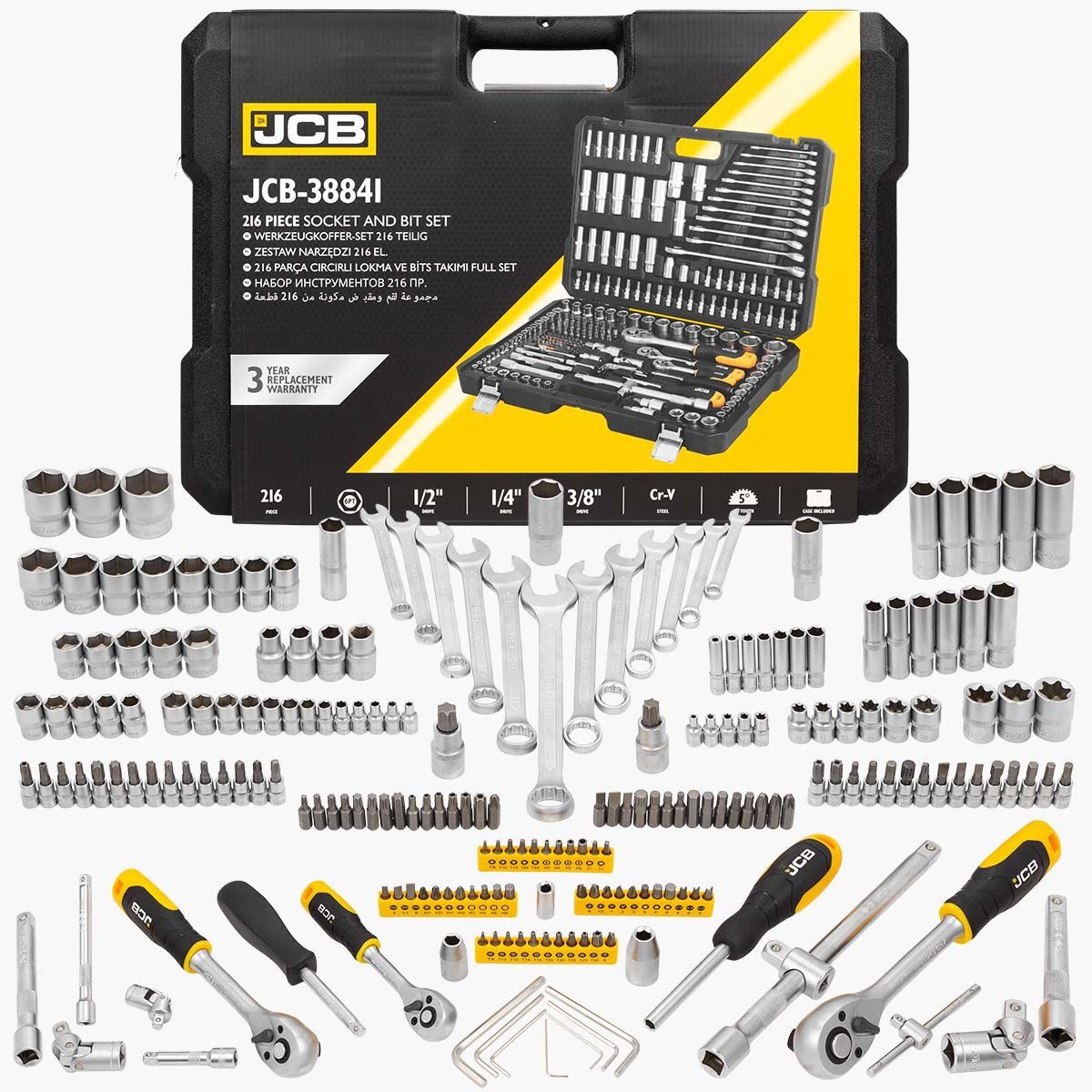 JCB 38841 216 Piece Socket and Bit Set Chrome Vanadium Steel