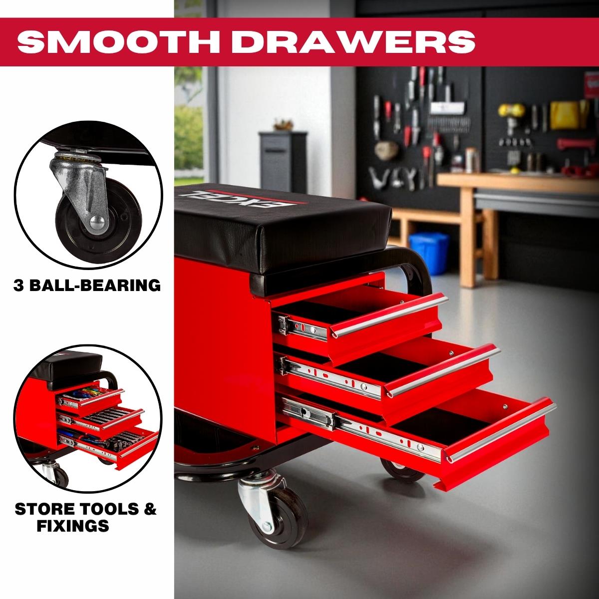 Excel Utility Seat with Toolbox – Padded Rolling Work Stool with 3 Drawers, Can Holders & 150kg Load Capacity