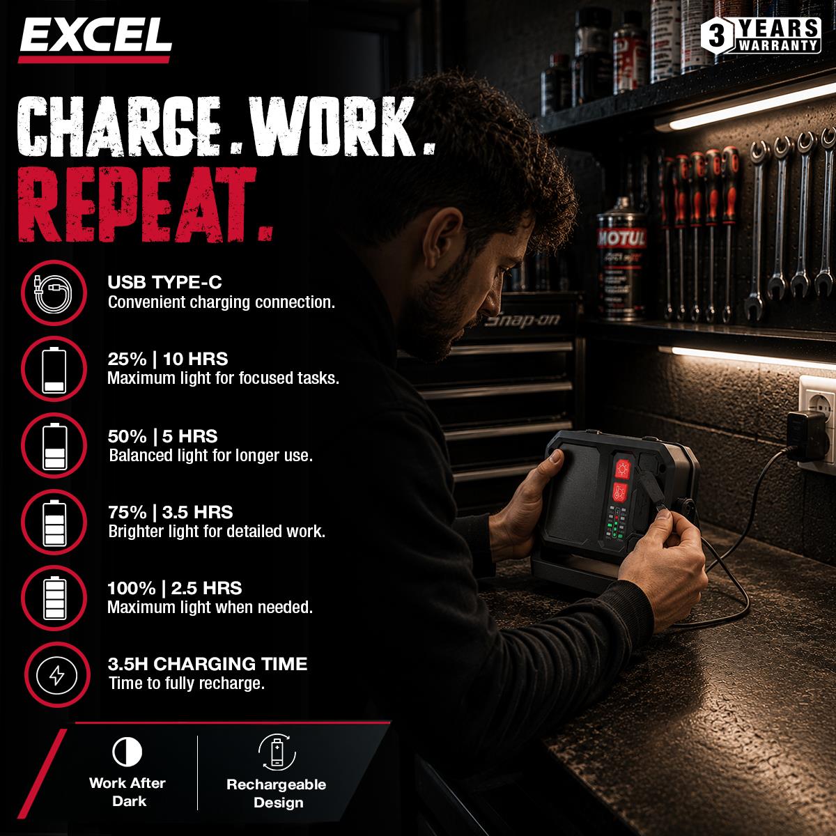 Excel 2000 Lumens LED Magnetic Rechargeable Work Light