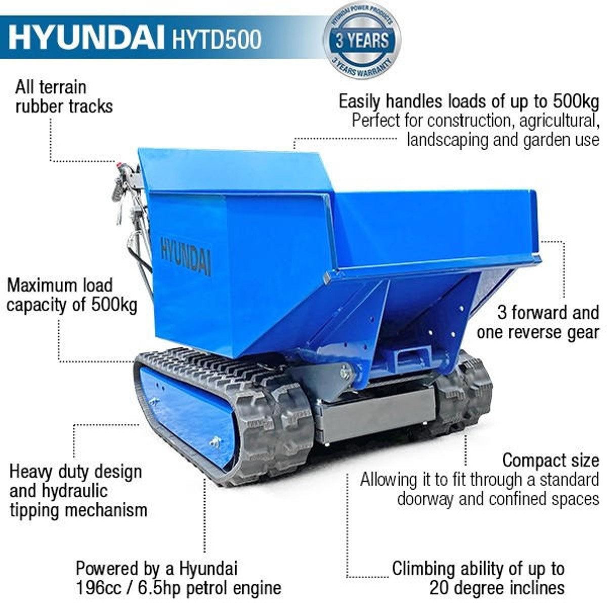 Hyundai HYTD500 196cc 500kg Petrol Tracked Mini Dumper Power Barrow Transporter