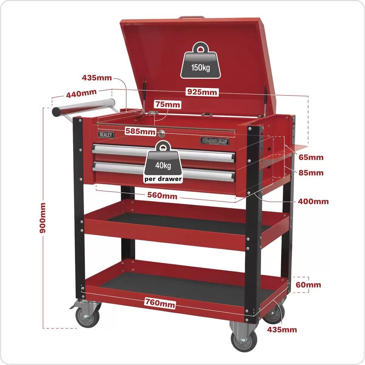 Sealey AP760M Heavy-Duty Mobile Tool Parts Trolley 2 Drawers Lockable Top Red