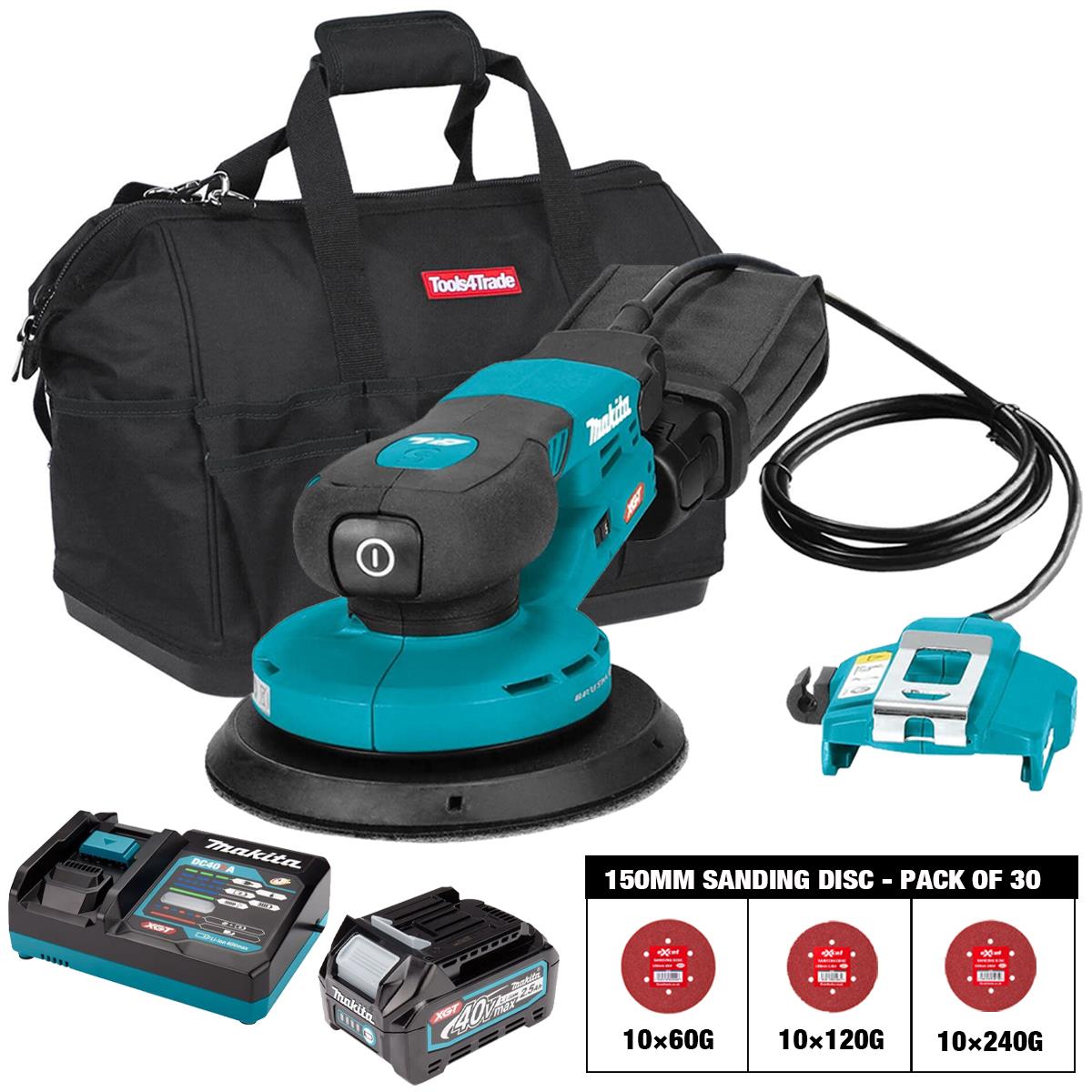 Makita BO002CGZ 40VMax XGT 150mm Brushless Random Orbit Sander with Sanding Disc 60G, 120G, 240G Pack of 30 & 1 x 2.5Ah Battery, Charger & Bag