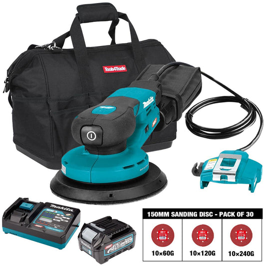 Makita BO002CGZ 40VMax XGT 150mm Brushless Random Orbit Sander with Sanding Disc 60G, 120G, 240G Pack of 30 & 1 x 2.5Ah Battery, Charger & Bag