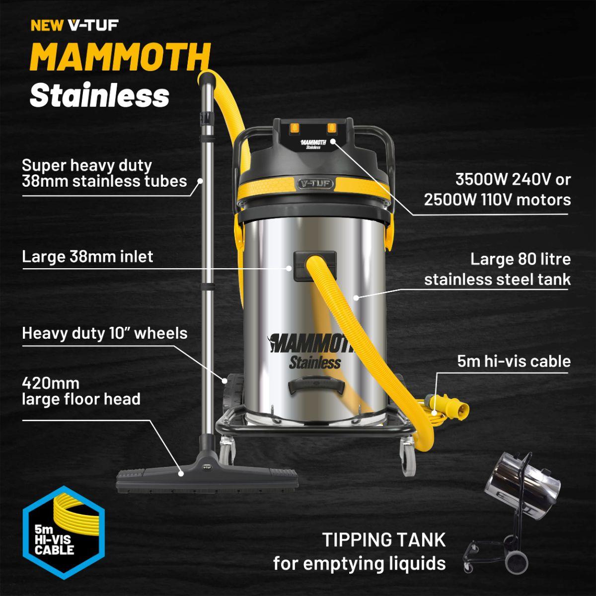 V-TUF MAMMOTH110-STAINLESS 80L Wet & Dry Twin Motor Industrial Vacuum Cleaner Mammoth 110V Power Stainless Steel
