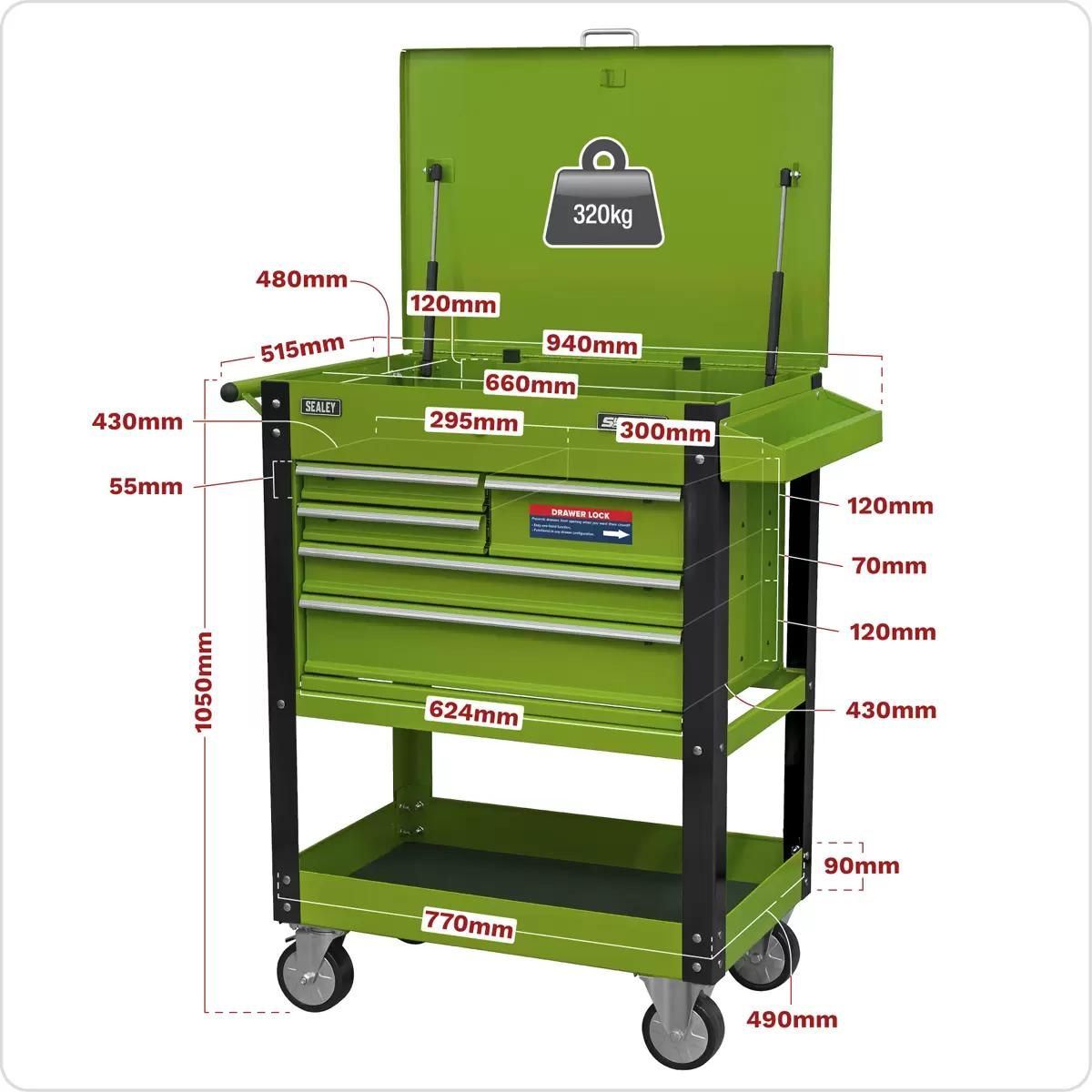 Sealey AP890MHV Heavy-Duty 5 Drawers and Lockable Top Mobile Trolley Green