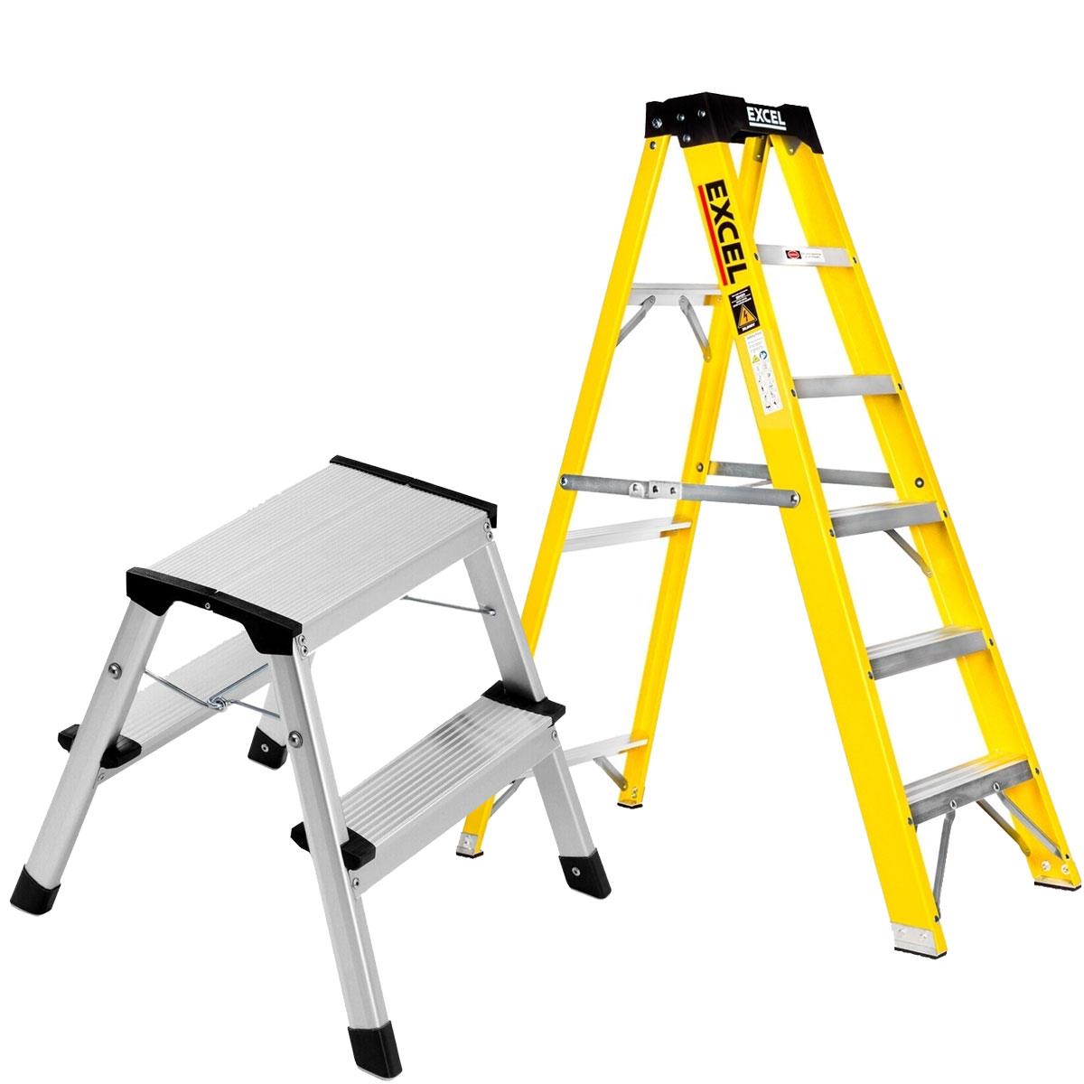 Excel Heavy Duty Fiberglass 6 Tread Ladder with 2 Step Hop Up Ladder