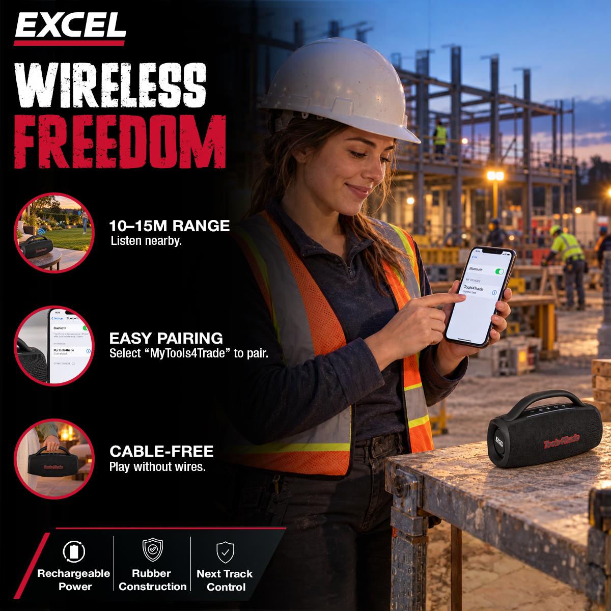 Excel Jobsite Bluetooth Speaker 40-70W IPX6 Waterproof with Auracast