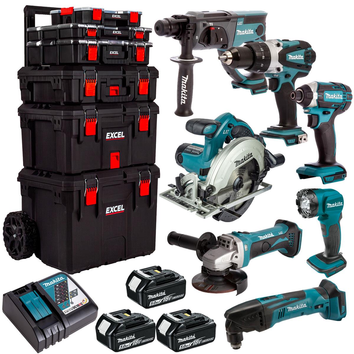 Makita 18V 7 Piece Power Tool Kit with 3 x 5.0Ah Battery & Trolley Toolbox