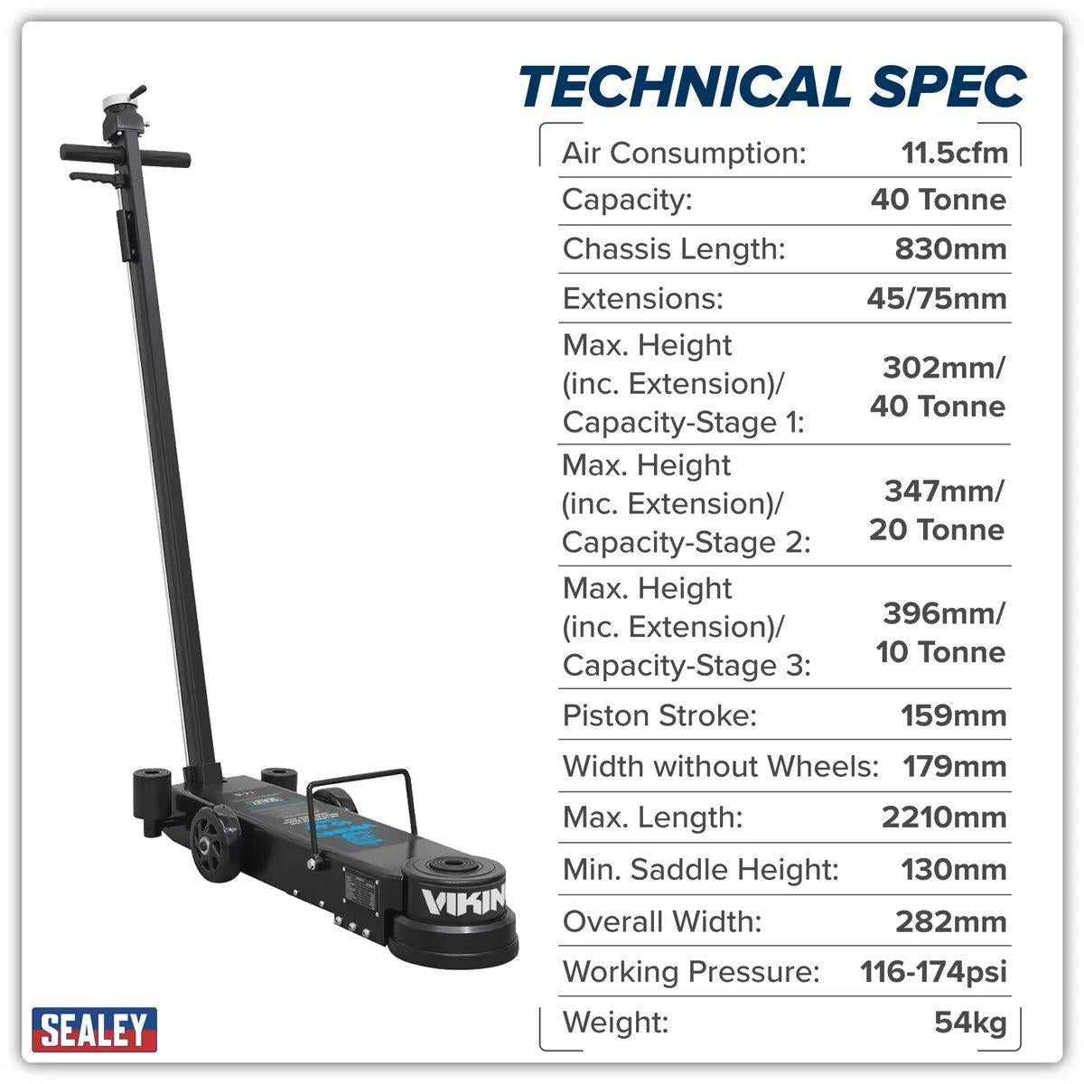 Sealey YAJ10-40LELR Long Reach/Low Profile Air Operated Telescopic Jack 10-40 Tonne
