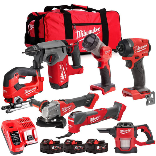 Milwaukee M18FPP6L3-503BK12 18V 7 Piece Tool Kit with 3 x 5.0Ah Batteries Charger & Wheeled Bag