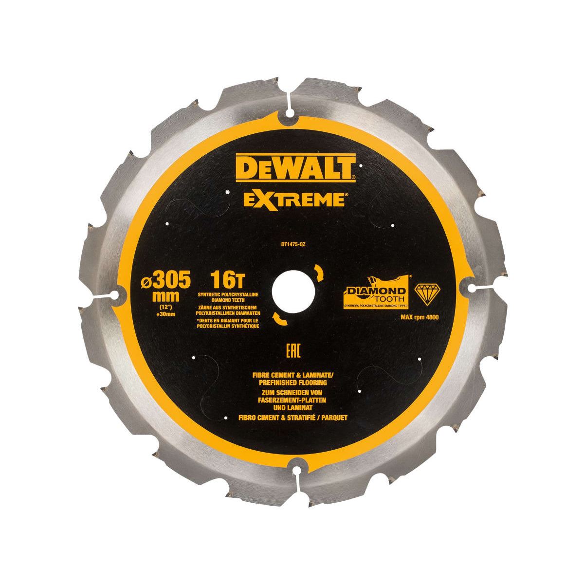 DeWalt DT1475QZ Extreme PCD Fibre Cement Saw Blade 305mm x 30mm, 16 Teeth for Precision Cutting