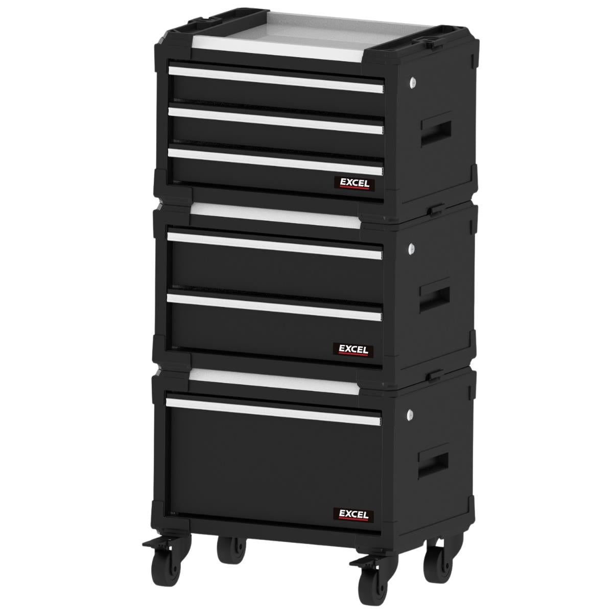 Excel 6 Drawer Modular Rolling Tool Box Stackable with Stainless Steel Worktop