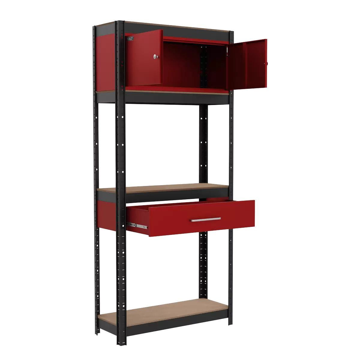 Sealey AP830R Shelving Unit 4-Tier with Cupboard & Drawer 150kg Capacity Per Level