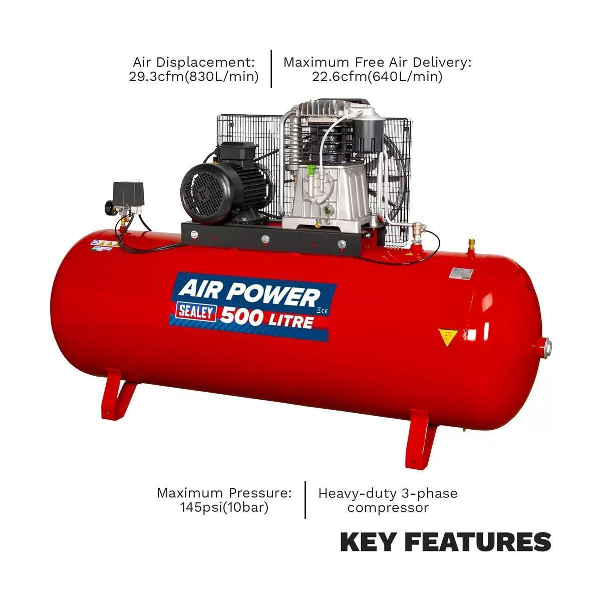 Sealey SAC55075B 500L Belt Drive Air Compressor with Cast Cylinders 415V/32A