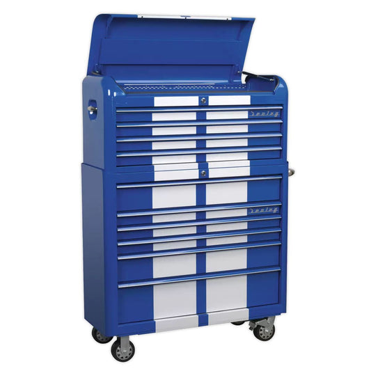 Sealey AP41COMBOBWS 10 Drawer Retro Style Wide Topchest & Rollcab Combination Blue/White Stripes