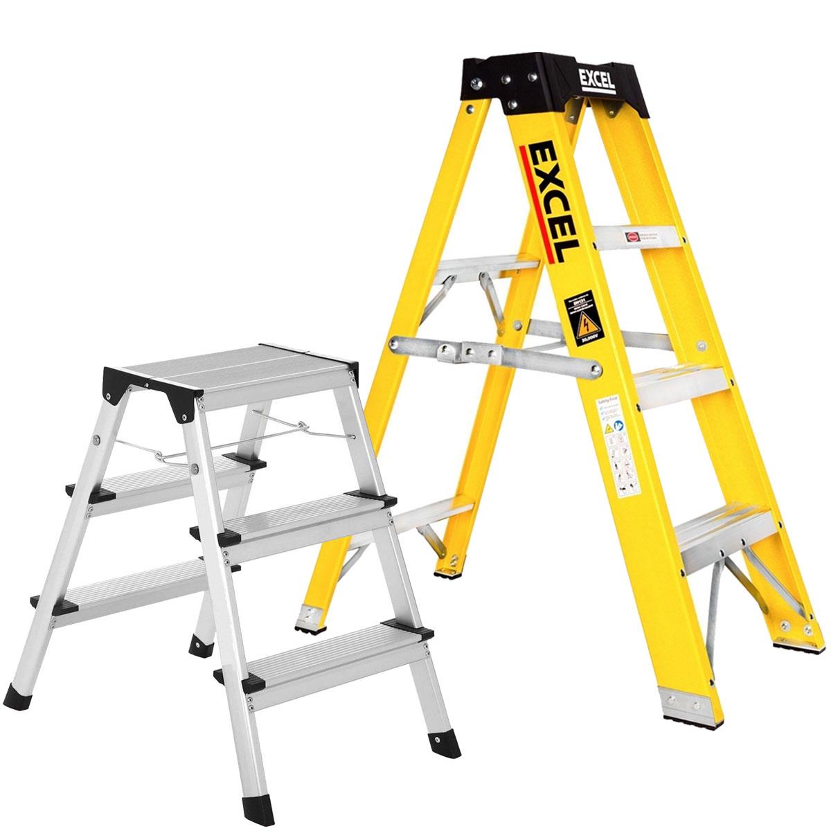 Excel Heavy Duty Fibreglass 4 Tread Ladder with 3 Step Hop Up Ladder